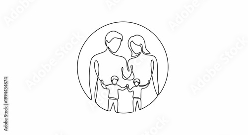Continuous line drawing of a happy family with two children inside a circle on a white background.