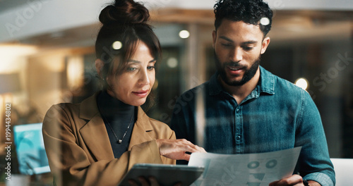 Business, people and tablet with document at night for research, data analysis and finance report. Team, digital and paperwork with statistics, financial comparison and working late for profit growth