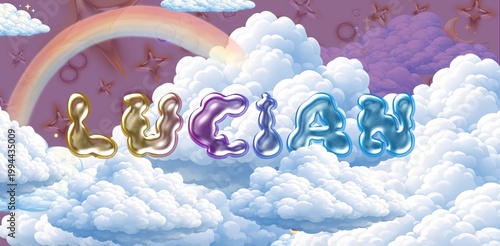 Lucian name. Colorful 3D Cloud Fantasy Background with Glossy Balloon Letters. Dreamy Sky, Stars and Soft Clouds Illustration.