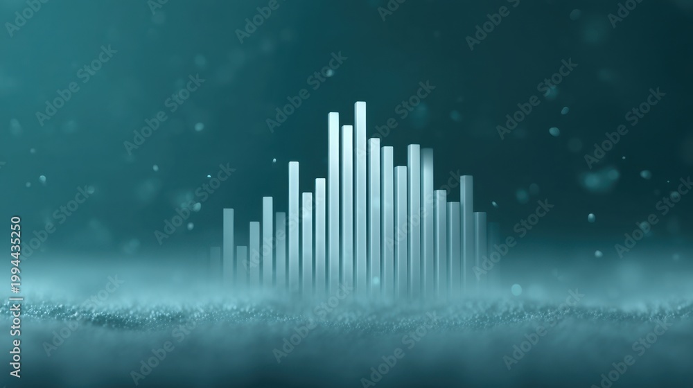 Fototapeta premium Abstract representation of sound waves with vertical bars emerging from foggy background in soft blue tones for digital or music themes