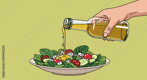Hand pouring dressing onto fresh salad
