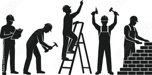 Construction workers silhouette set featuring builders using tools, ladder work, bricklaying and industrial labor activity scenes