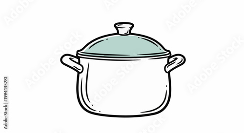 Hand-drawn illustration of a kitchen pot with a light blue lid and handles on a white background