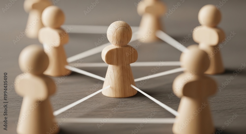 Obraz premium Wooden figures connected by lines, symbolizing networking and community building
