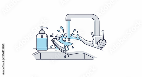 Hands being washed under a faucet with soap dispenser nearby