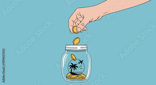Hand dropping coins into a savings jar featuring a tropical island and airplane scene inside