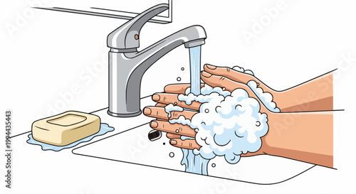 Hands being washed with soap and running water in a sink