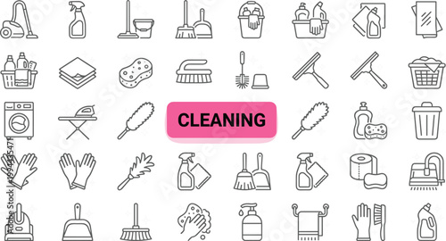 Cleaning and housekeeping icon set featuring sanitation tools, household supplies, hygiene equipment and domestic maintenance symbols