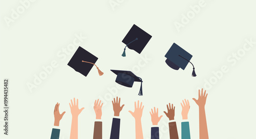 Graduation caps tossed in air by diverse hands celebrating achievement