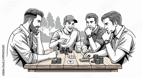 Four men enjoy a game of cards and chips around a wooden table outdoors under trees