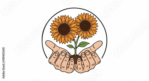 Hands cradle a growing sunflower sprout, symbolizing care and new beginnings