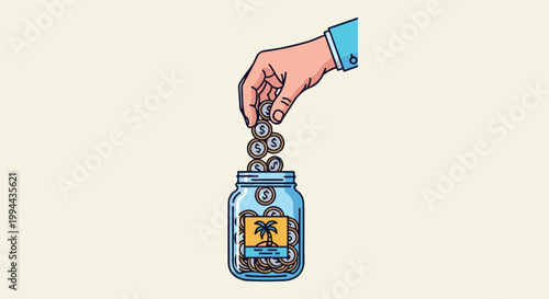 Hand drops coins into jar with tropical island image