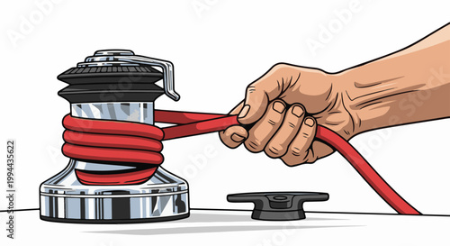 Hand wraps red rope around a winch, beside a cleat