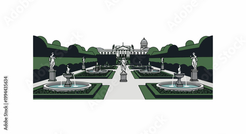 Grand classical garden with ornate fountains, sculptures, and manicured hedges leading to a majestic building