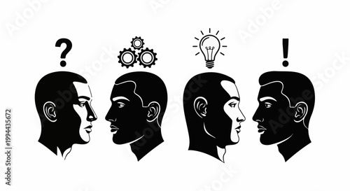 Four profiles of men's heads, symbolizing thought processes from question to idea and exclamation