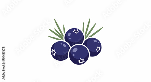 Four plump blueberries with small green leaves and star markings