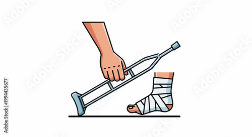 Hand grasps crutch near injured, bandaged foot