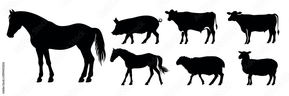 Fototapeta premium Silhouettes of various farm animals vector set