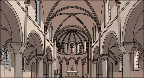 Grand interior of a Gothic cathedral with vaulted ceilings, arched windows, and an altar