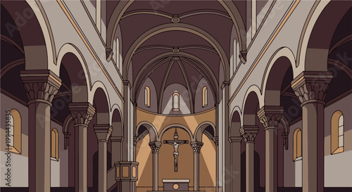 Grand interior of a vaulted religious building with columns and a crucifix