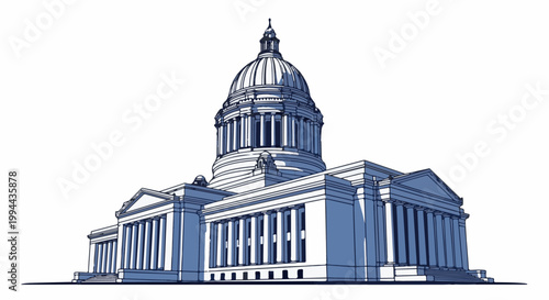 Grand neoclassical building with a prominent dome, flanked by colonnaded wings