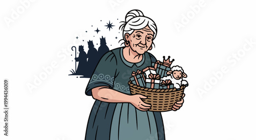 Grandmother holding basket of gifts, with sheep, three kings, and stars in background