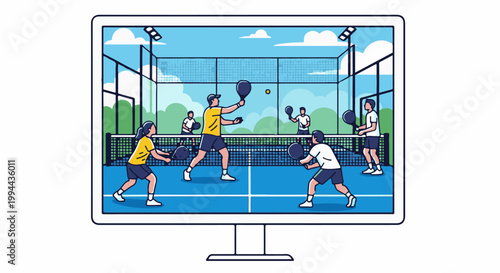 Flat illustration of people playing padel on an outdoor court, displayed on a monitor