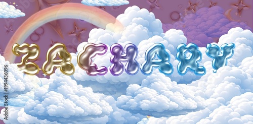 Zachary name. Colorful 3D Cloud Fantasy Background with Glossy Balloon Letters. Dreamy Sky, Stars and Soft Clouds Illustration.