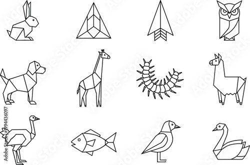 Black and White Origami Animals and Geometric Shapes, Paper Folding Art Collection Featuring Birds, Mammals, and Objects