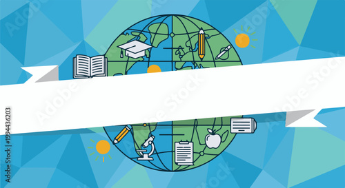 Global learning icons, book, cap, pencil, sun, apple, microscope, paper, bulb on abstract blue background
