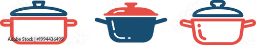 A row of three simple cooking pot illustrations with lids displays varied color combinations