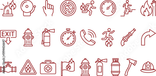 Fire safety and emergency response icon set featuring alarms, extinguishers, escape signs and hazard warning symbols in outline style