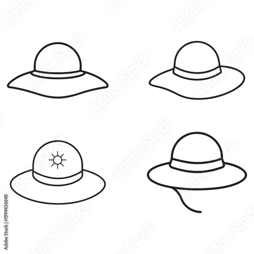 Four different line art illustrations of hats with wide brims and various styles  simple black and white drawings of sun hats with different designs