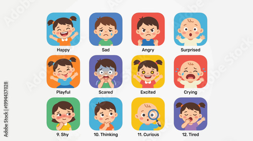 This Flat Design vector illustration set charmingly portrays a range of emotions and expressions experienced by little boys, girls, and babies, ideal for psychological or developmental content.
