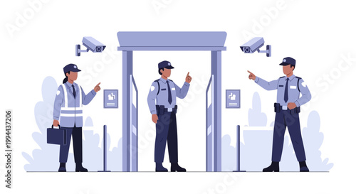 Security guards standing at a metal detector checkpoint. EPS Editable. Vector Illustrations.