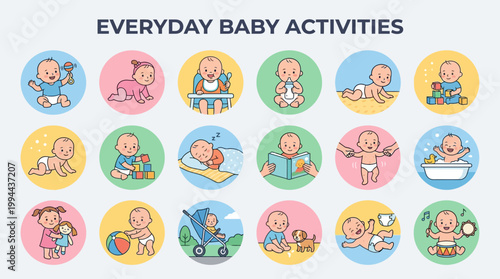 A charming Flat Design vector illustration collection showcasing various daily activities and emotions of cute little boys, girls, and babies, perfect for educational or parenting content.

