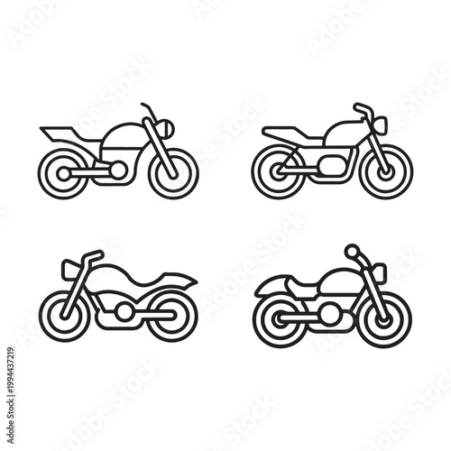 Four different motorcycle designs in black line art on white background  various bike models