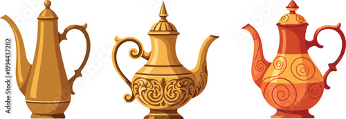 Traditional Decorative Arabian Coffee Pots, Ornate Brass Teapots with Intricate Designs for Middle Eastern Culture and Hospitality