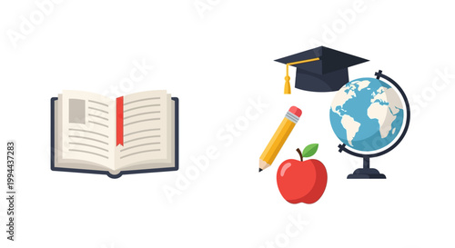 Set of Educational Icons with Open Book Graduation Cap Globe Pencil and Apple. EPS Editable. Vector Illustrations.