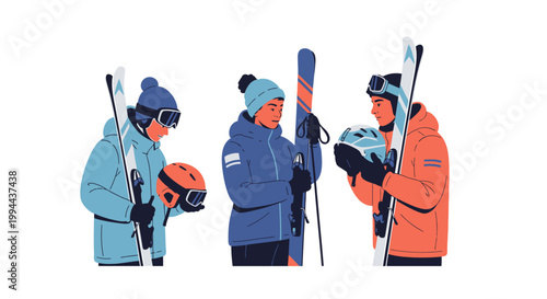Set of three professional skiers preparing for winter sports activities. EPS Editable. Vector Illustrations.