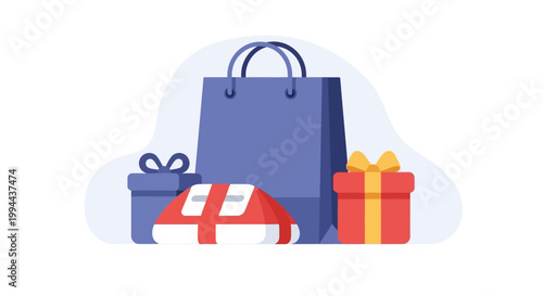 Shopping bag with gift boxes and discount price tags. EPS Editable. Vector Illustrations.