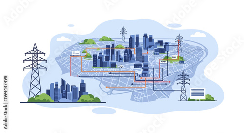Smart City Electrical Power Distribution Infrastructure Illustration. EPS Editable. Vector Illustrations.