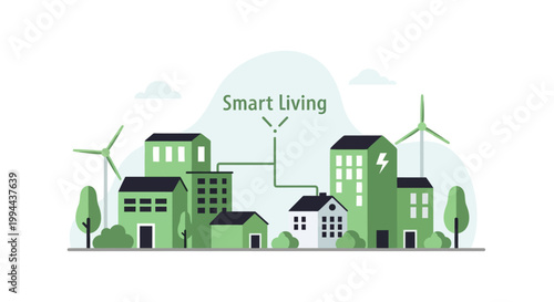 Smart Living Concept Featuring Sustainable Green Buildings and Renewable Energy. EPS Editable. Vector Illustrations.
