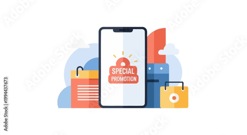 Smartphone displaying a special promotion notification with shopping bags nearby. EPS Editable. Vector Illustrations.