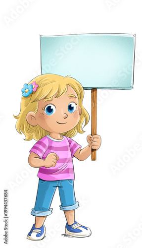 Little blonde girl with a banner in her hand