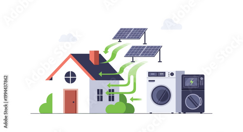 Solar Energy Powering Home Appliances Illustration. EPS Editable. Vector Illustrations.