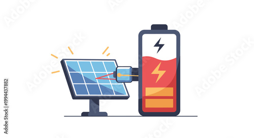 Solar panel charging a battery for renewable energy storage. EPS Editable. Vector Illustrations.