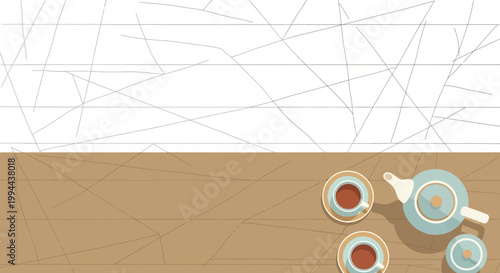 Minimalist vector illustration of tea set with teapot and cups on geometric textured table, flat lay top view