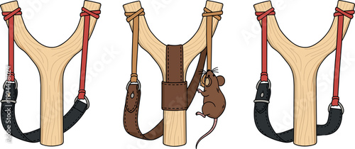 Cartoon Illustrations of Slingshot with Different Designs, Wood, Leather, and Mouse for Toy, Vintage, and Outdoor Adventure Themes
