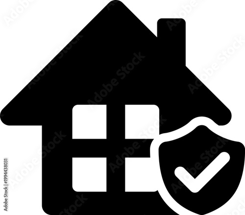住宅を守るセキュリティ保証を表す家と盾のチェックマークアイコン（House with Shield Check Mark Security Icon）
